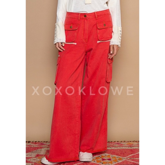 POL Red Cargo Pants Wide Leg Loose Slouchy Fit - Picture 4 of 15